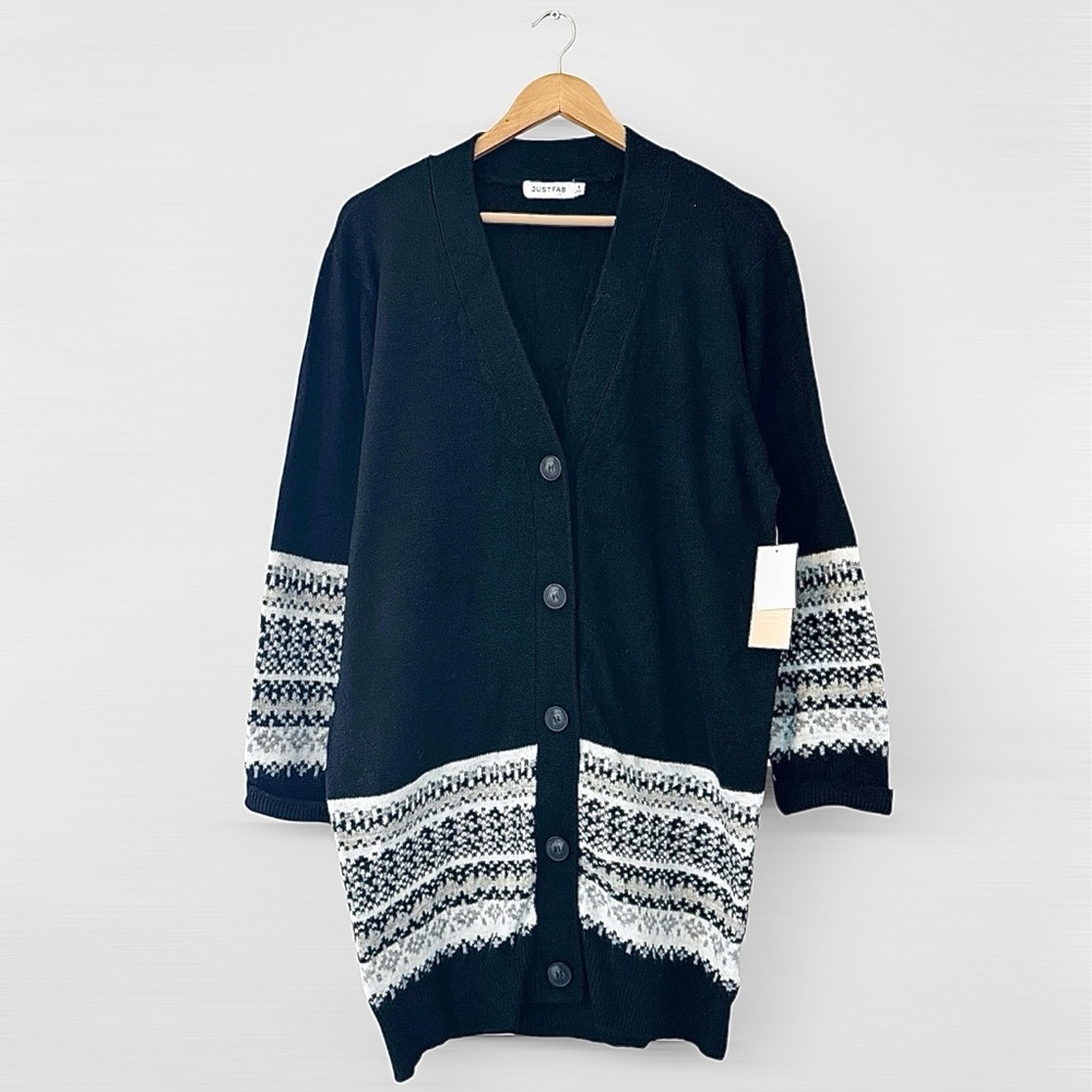 New JustFab Black & White Cardigan in Small White Patterned Women's Sweater